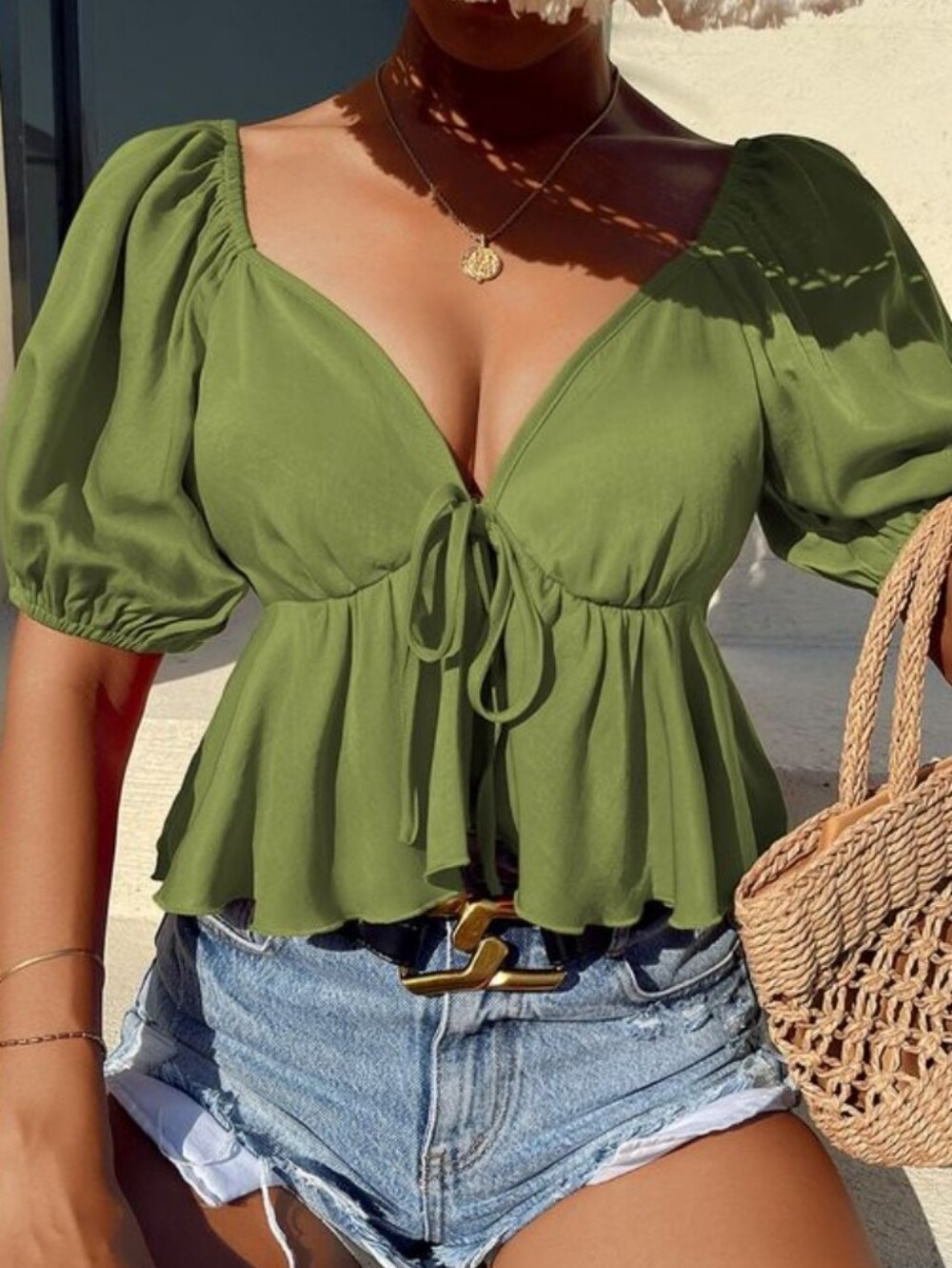 SHEIN Olive Green Tie-Front Puff Sleeve Crop Top